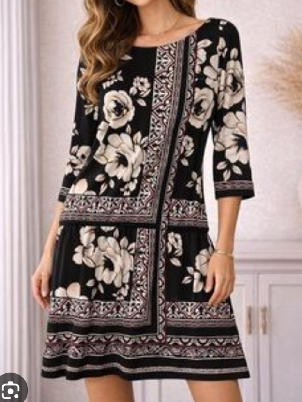 Black/White Floral Soft 3/4 Sleeve Shirt Blouse Women